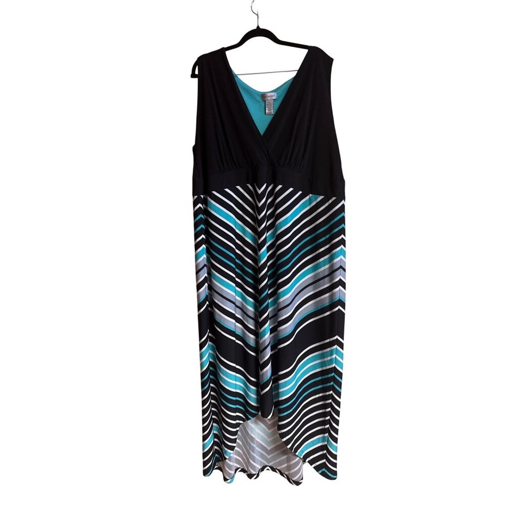 Catherines 3X Maxi Dress Black & Teal Chevron Patterned Sleeveless Flowy Hi-Low